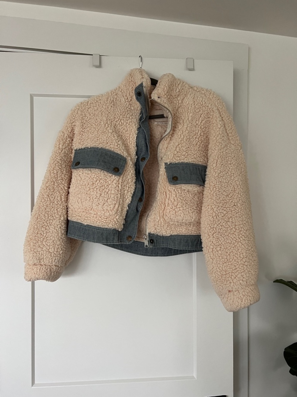 Urban Outfitters Cropped Cream Sherpa Jacket with Denim Trim